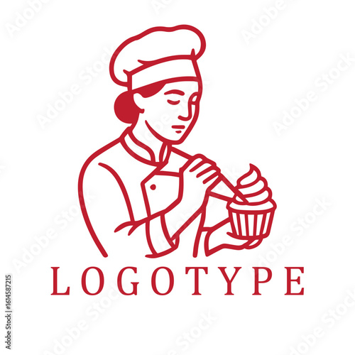 Elegant monochrome logo featuring a focused pastry chef in profile, gracefully piping icing onto a cupcake. Designed in modern line art with smooth, balanced strokes.