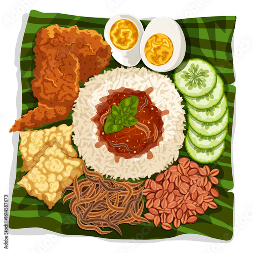 Nasi Lemak Served on Pandan Leaf with Rice, Sambal, Cucumbers, Anchovies, Roasted Peanuts, Fried Chicken, Egg and Fritters. Malaysian National Cuisine Top View Detailed Illustration