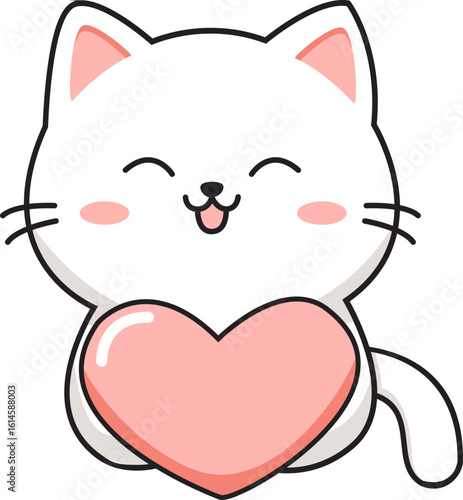 Cute Kawaii White Kitten holding heart Illustration