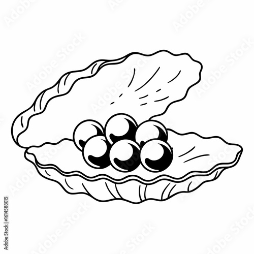 Vector art of an open oyster shell reveals a collection of lustrous pearls nestled within its depths
