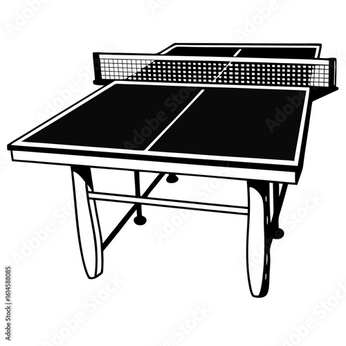 Vector art of a black and white ping pong table with net, ready for a competitive indoor game