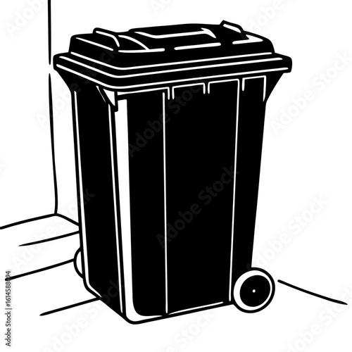 Vector art of a black wheelie bin stands ready for waste collection in a corner of a building or room