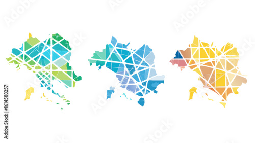 Geometric map art print of the balkans region colorful polygon design for home decor and wall art ideas