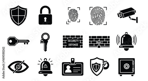 Collection of security and protection icons including shield, lock, key, fingerprint, camera, and alarm editable line icon set