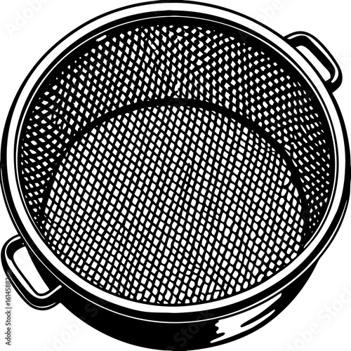 Vector art of a metal colander with a mesh basket and two handles is ready for draining pasta or vegetables