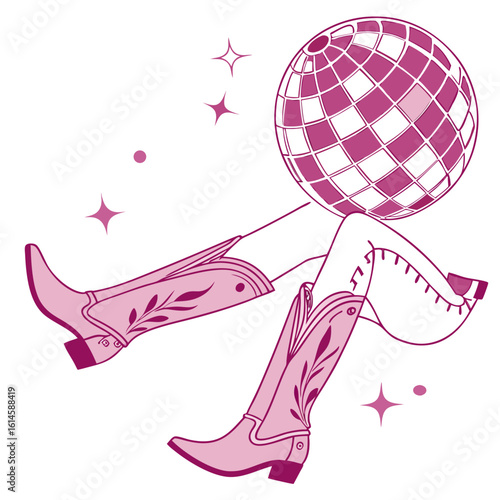 Vector art of a whimsical illustration of disco ball and cowgirl boots creating a fun party atmosphere