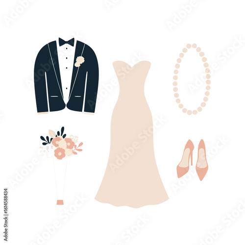 Bride and groom wedding outfits on mannequins, pastel white background.