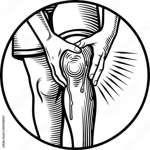 Vector art of aching knee joint with hands depicted in a black and white vector illustration for medical purposes