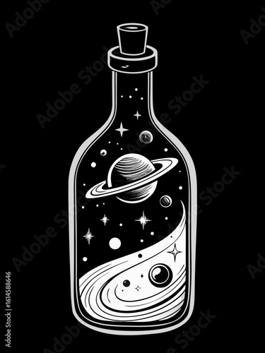 Glass bottle containing planets stars and nebulae space saturn