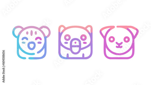 Cute animal faces vector illustration set tiger wombat and dog icons for graphic design and web design use