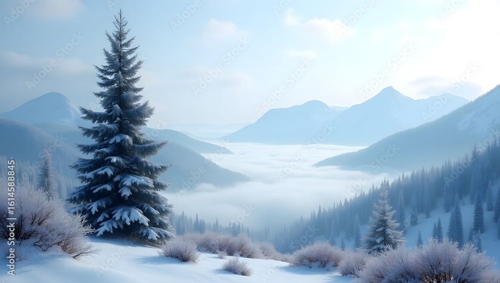 Fototapeta premium Lone Pine Tree in Pristine Snowy Winter Landscape Minimalist Nature Scene with Snow and Clear Sky
