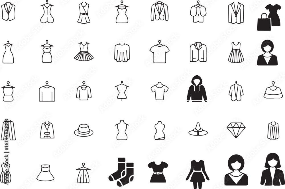 Collection of Fashion and Apparel Icons Depicting Clothing Accessories and Shopping for Creative Projects and Design Purposes