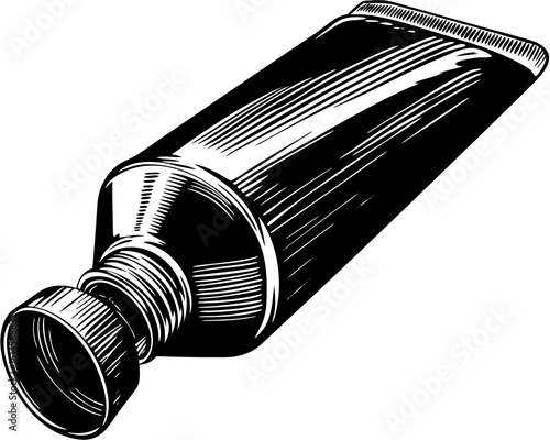 Vector art of a black and white vector illustration of a squeeze tube lying on its side with the cap off