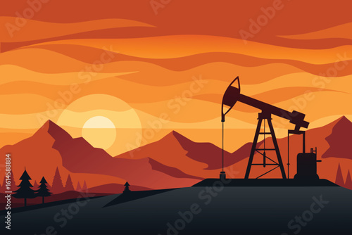  Oil pump jack silhouetted against a vibrant sunset over mountains