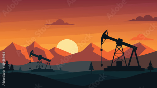 Oil pump jacks silhouetted against a vibrant sunset over rugged mountains
