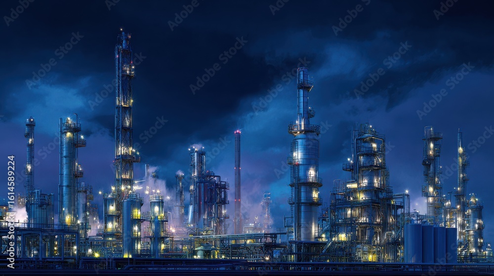 Fototapeta premium Nighttime View of Industrial Complex with Towers, Lights, and Smokestacks under Dramatic Sky