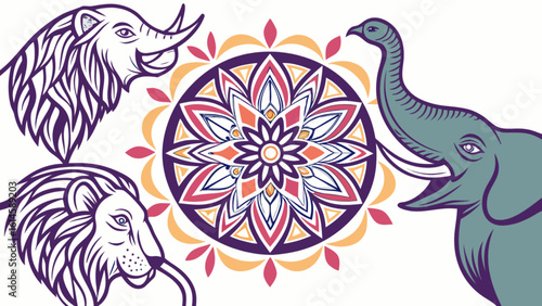 Mandala animal design featuring lion elephant and mammoth vector illustration for print and design use