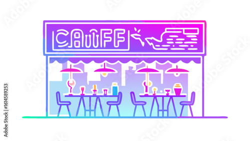 Cafe restaurant dining establishment with tables chairs and menu neon sign for food and drinks concept