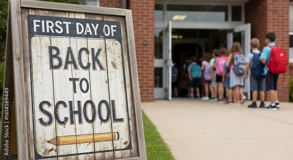 First day of back to school sign with children entering school building on an overcast day outside front door ai generated First day of back to school sign with children entering school building on an overcast day outside front door ai generated