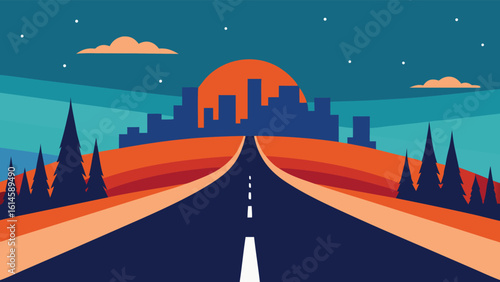 Road leading to a futuristic city at sunset with stylized trees