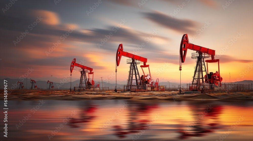 Fototapeta premium Dynamic Sunset Over Oil Pumps Reflecting in Water, Capturing Industrial Energy and Serenity in Nature