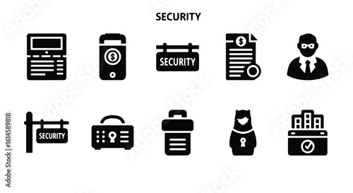 Vector Silhouette Icon Set -  securityrelated icons including a safe, a guard, and a security sign editable line icon set