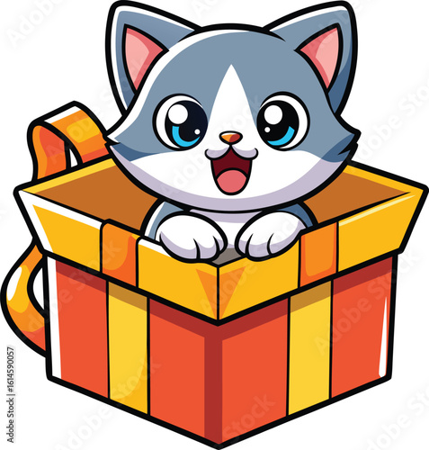 Cute kitty cartoon with gift box, a funny domestic animal illustration