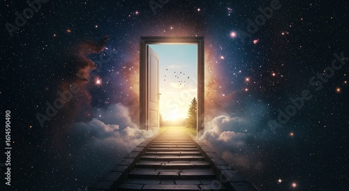 An open doorway leads from a starry, cloudy space into a bright landscape with trees and birds, symbolizing hope and new beginnings.