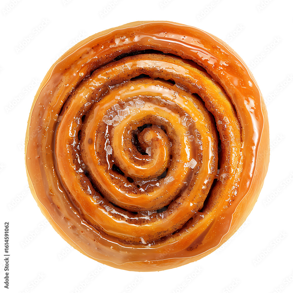 Fototapeta premium Top View of a Glazed Spiral Cinnamon Roll with Icing