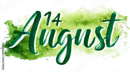Watercolor painting of august fourteenth in green brush strokes on white background art design