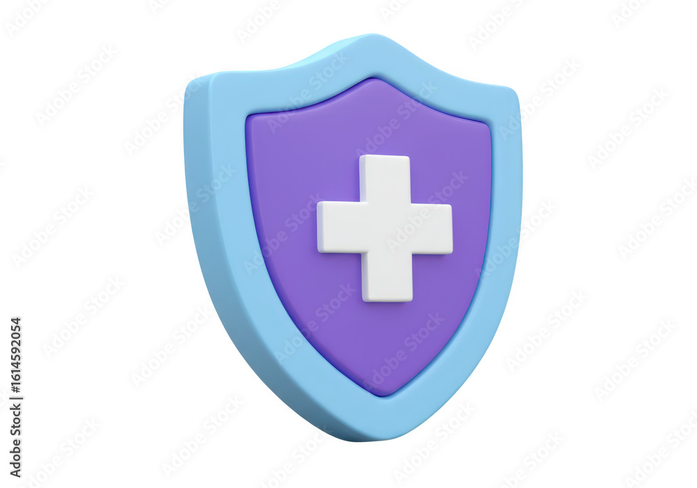 Obraz premium A 3d rendered shield with a purple center and a white cross symbol, bordered in blue isolated on transparent background