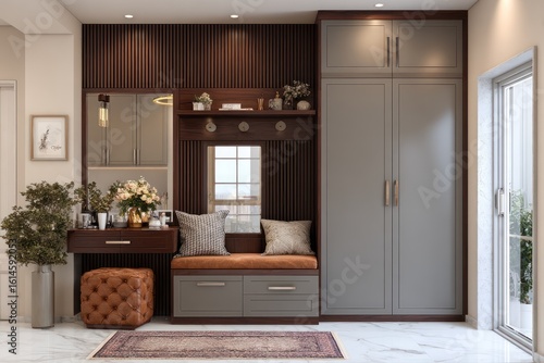 Warmly lit foyer features custom built-ins with seating, storage, and decor elements