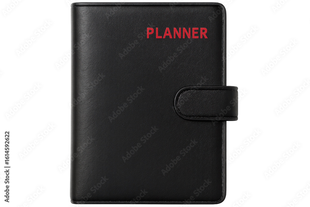 Black leather planner with red lettering on transparent background Black leather planner with red lettering on transparent background