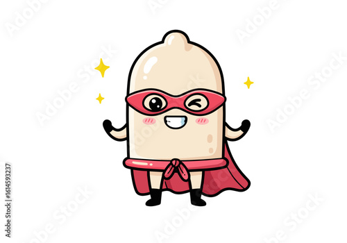 Cartoon condom superhero character with cape and mask waving  