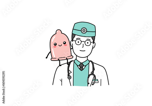 Cartoon doctor with stethoscope and cute character on shoulder  