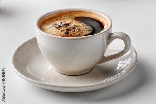 Coffee cup served with saucer on a simple white background, showcasing the rich texture and steam rising from the freshly brewed drink