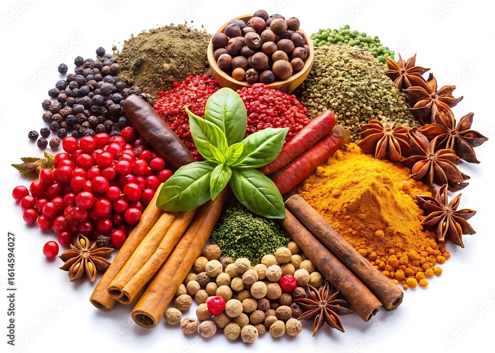 Fototapeta premium white and Assortment of colorful spices and peppercorns isolated on white background