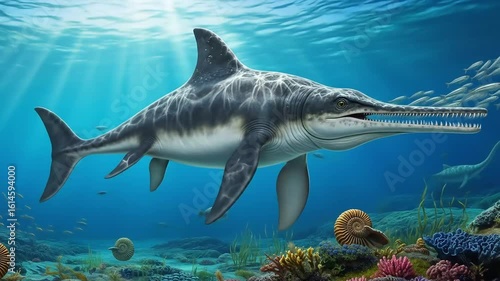 A Shonisaurus swims with fish past corals and ammonites