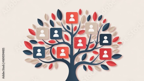 Simplified Genealogy Tree with Red and Blue Boxes and User Symbols