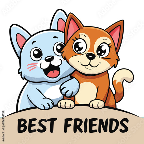 Cute cartoon kitten character holding a funny banner, a happy domestic furball illustration