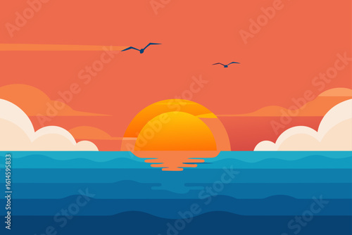 Sunrise Over Calm Ocean with Seagulls in the Sky