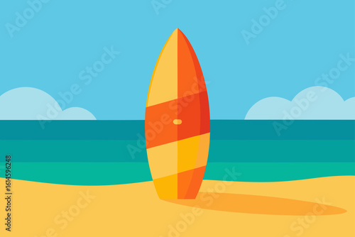 Surfboard Standing on Sand with Ocean Background