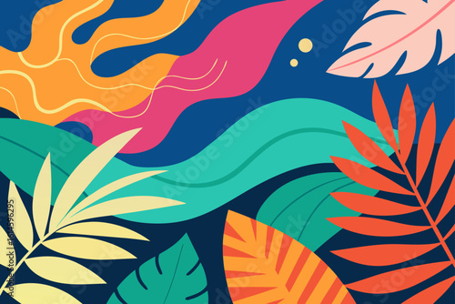 Vibrant Abstract Summer Pattern with Tropical Leaves
