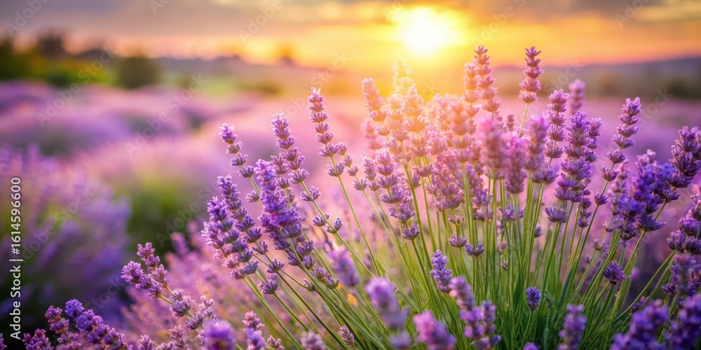 Obraz premium Lavender bush in full bloom amidst a sunny landscape with soft focus and warm colors
