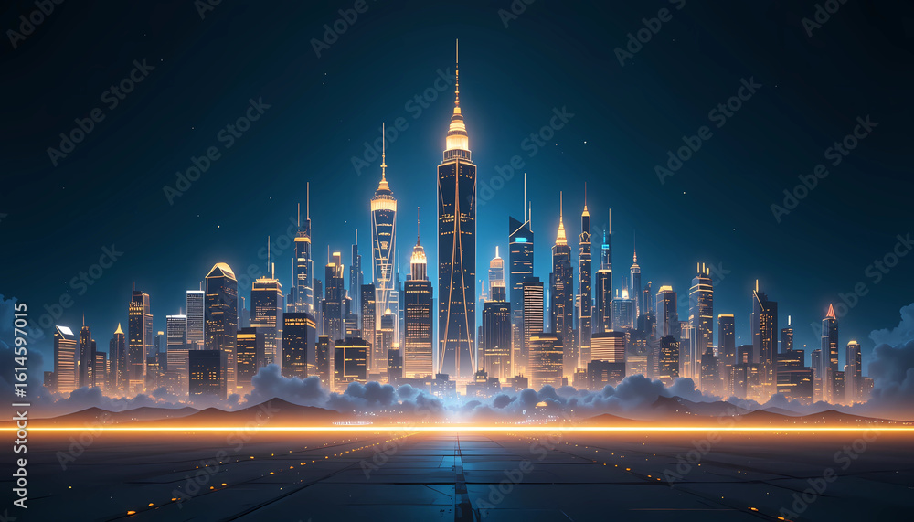 Futuristic cityscape at night with illuminated skyscrapers and a glowing horizon line in the distance Futuristic cityscape at night with illuminated skyscrapers and a glowing horizon line in the distance