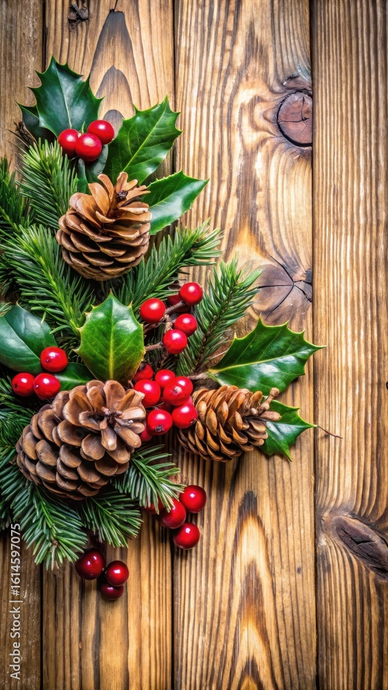 Fototapeta premium Wooden festive decoration with holly branches