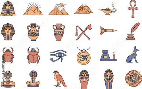Illustration of various egyptian symbols including pyramids, pharaohs, and sacred objects