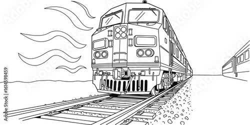 Coloring page of a train locomotive on railway tracks for kids and adults to print and color