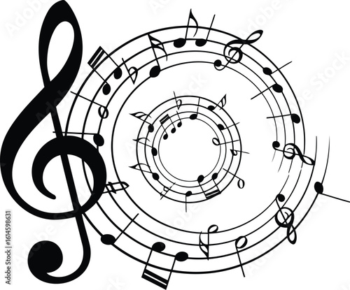 Elegant music notes swirling in a circle with a prominent treble clef creates a harmonious visual representation of melodic art