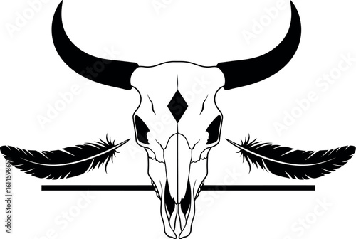 A stylized black and white illustration of a bull skull with feathers and diamond shape design